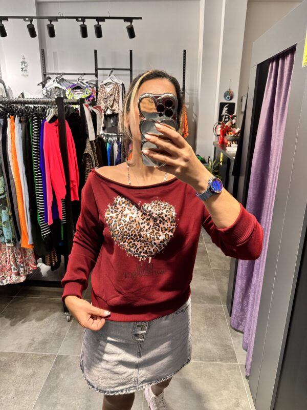 BORDO KALP LEOPAR OMZU DÜŞÜK SWEAT - Görsel 2