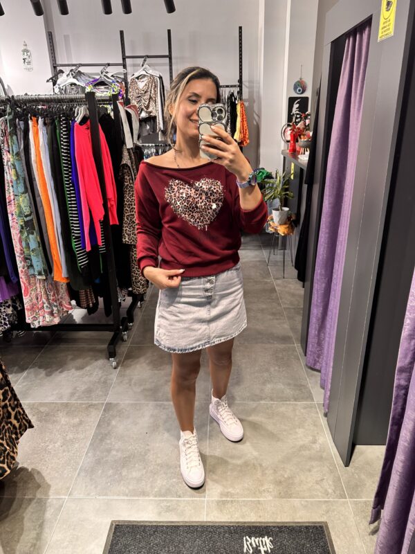 BORDO KALP LEOPAR OMZU DÜŞÜK SWEAT - Görsel 3