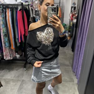 SİYAH KALP LEOPAR OMZU DÜŞÜK SWEAT