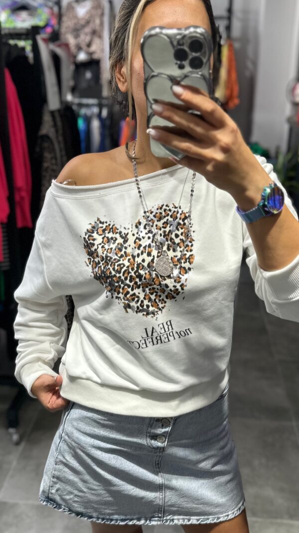BEYAZ KALP LEOPAR OMZU DÜŞÜK SWEAT