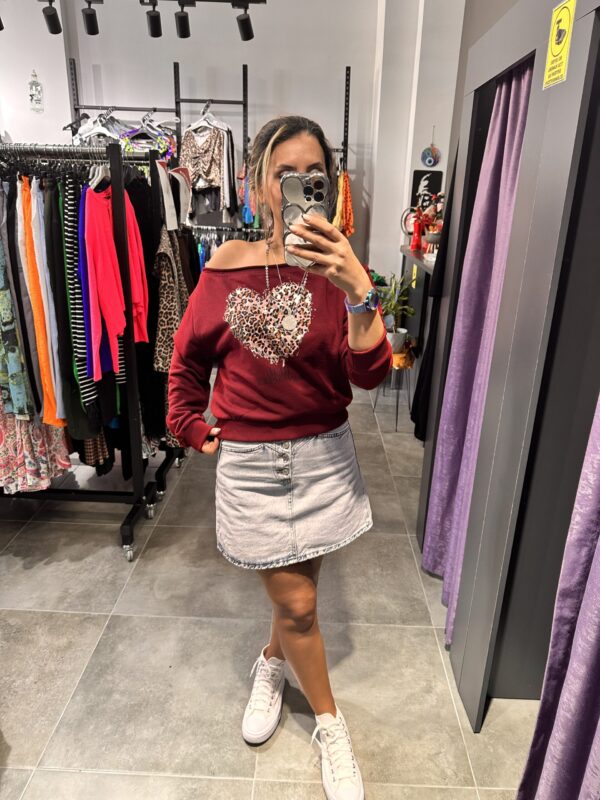 BORDO KALP LEOPAR OMZU DÜŞÜK SWEAT - Görsel 5