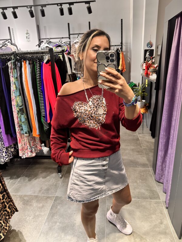 BORDO KALP LEOPAR OMZU DÜŞÜK SWEAT - Görsel 4