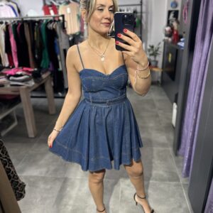 LACİVERT ASKILI MİNİ KOT ELBİSE