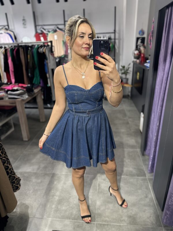 LACİVERT ASKILI MİNİ KOT ELBİSE
