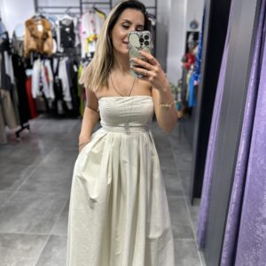 KREM STRAPLEZ TAFTA ELBİSE