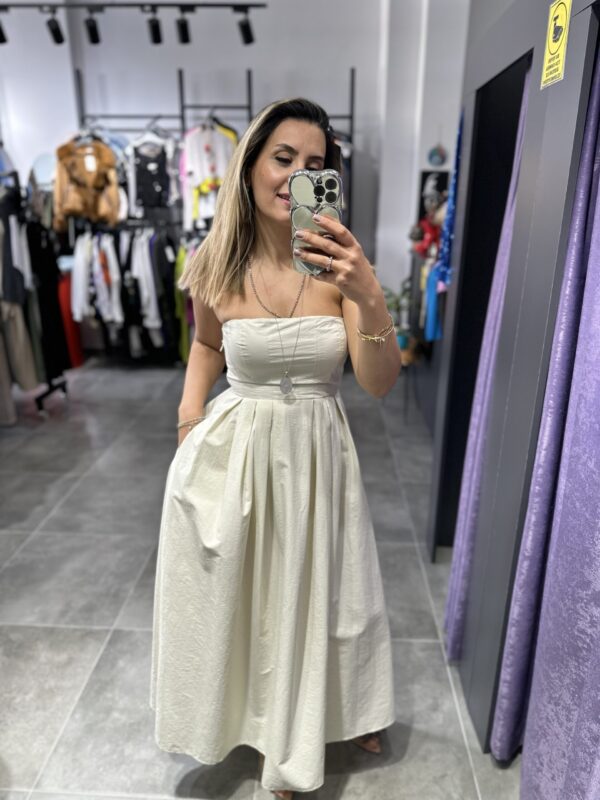 KREM STRAPLEZ TAFTA ELBİSE