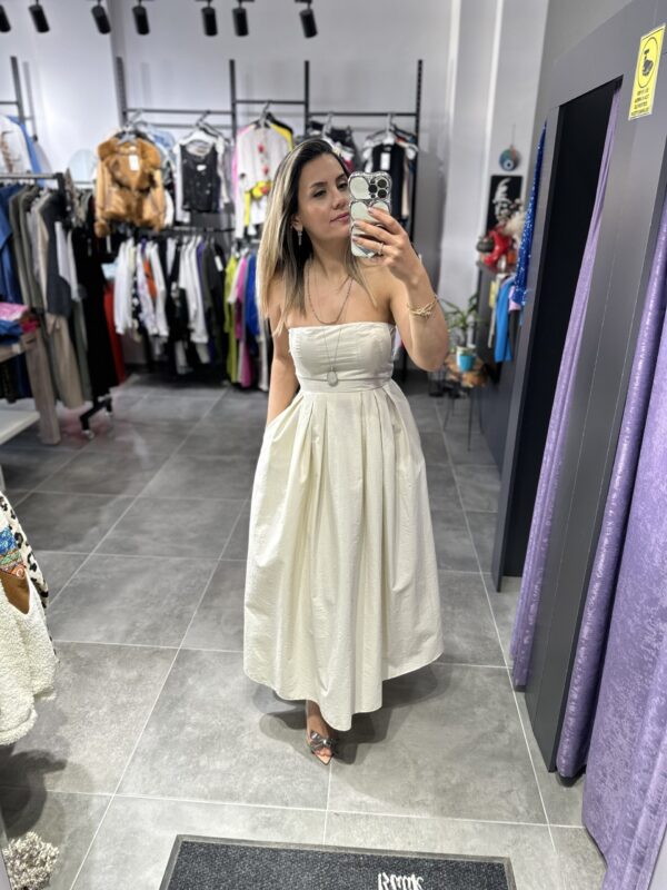 KREM STRAPLEZ TAFTA ELBİSE - Görsel 5