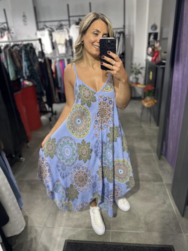 LİLA EBRU DESENLİ ASKILI ELBİSE ASİMETRİK