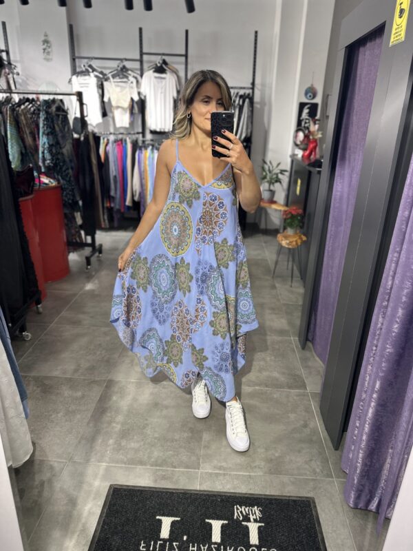 LİLA EBRU DESENLİ ASKILI ELBİSE ASİMETRİK - Görsel 3