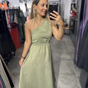 YEŞİL TEK OMUZ BEL LASTİKLİ ELBİSE