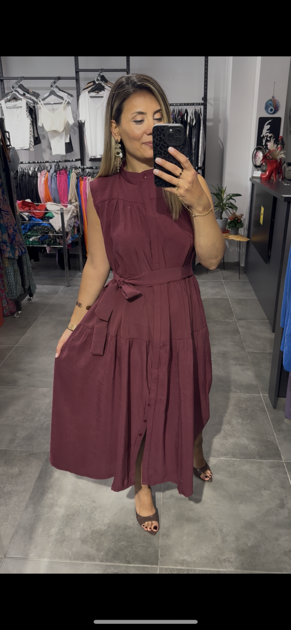BORDO DÜĞMELİ UZUN ELBİSE