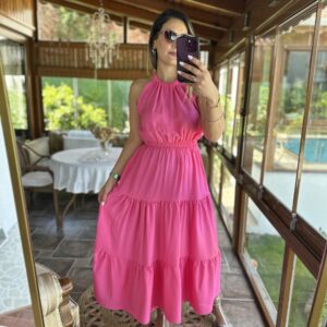 PEMBE HALTER YAKA UZUN ELBİSE