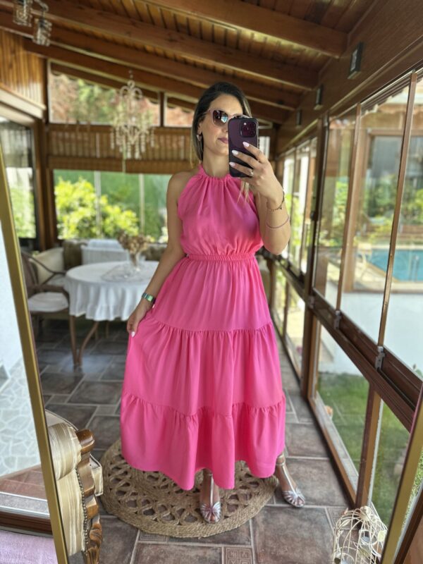PEMBE HALTER YAKA UZUN ELBİSE