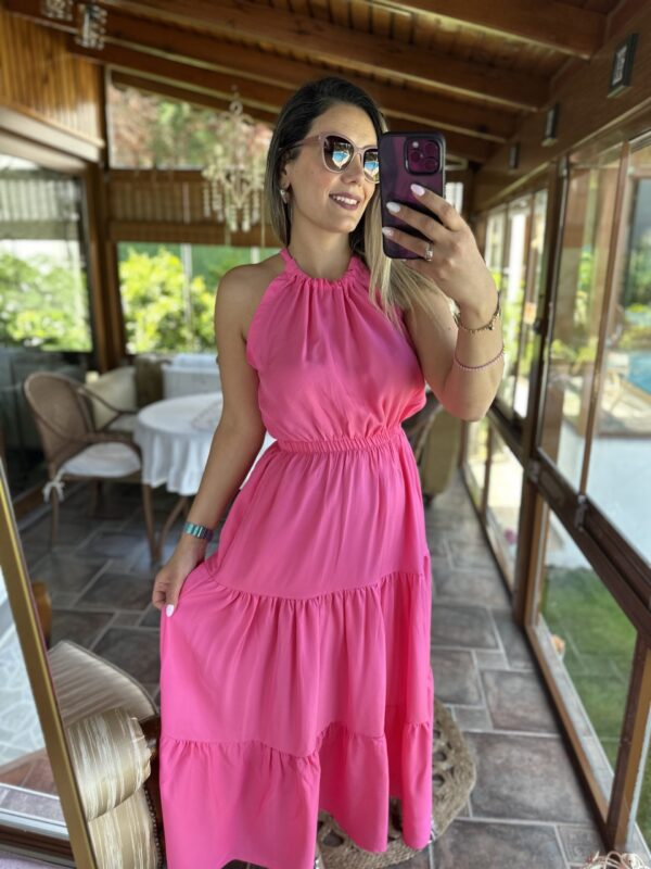 PEMBE HALTER YAKA UZUN ELBİSE - Görsel 2