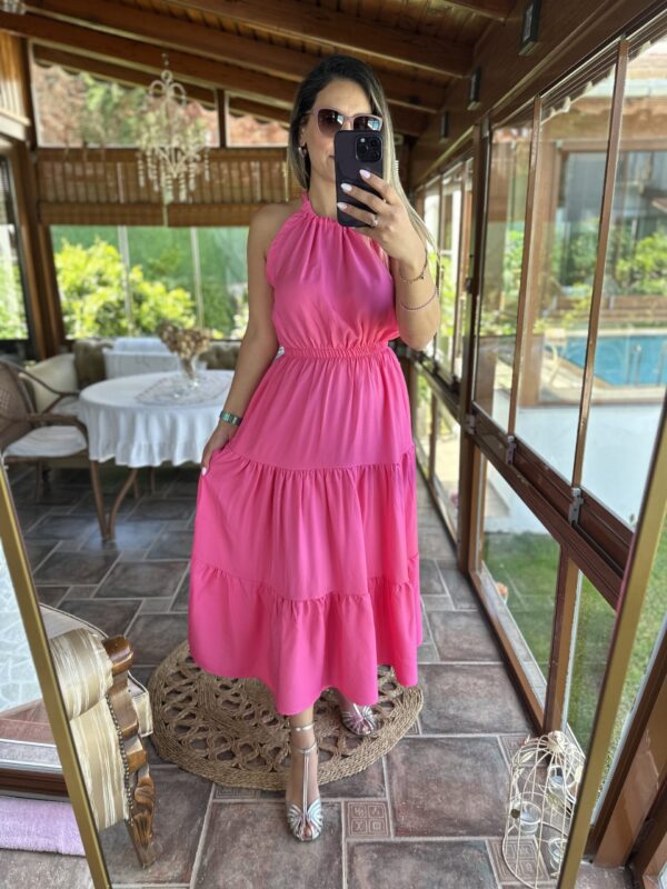 PEMBE HALTER YAKA UZUN ELBİSE - Görsel 3